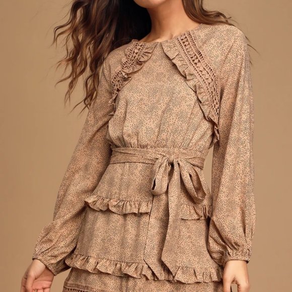 Tan Long Sleeve Ruffle Mini Dress - Picture 3 of 7